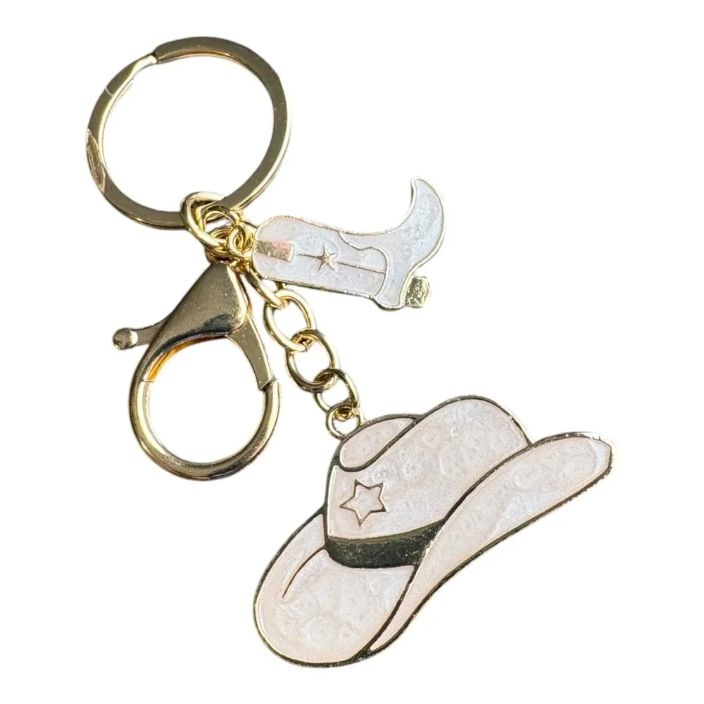 Women's White Gold-Tone Cowboy Hat Boot Charm Western Key Chain 3.5